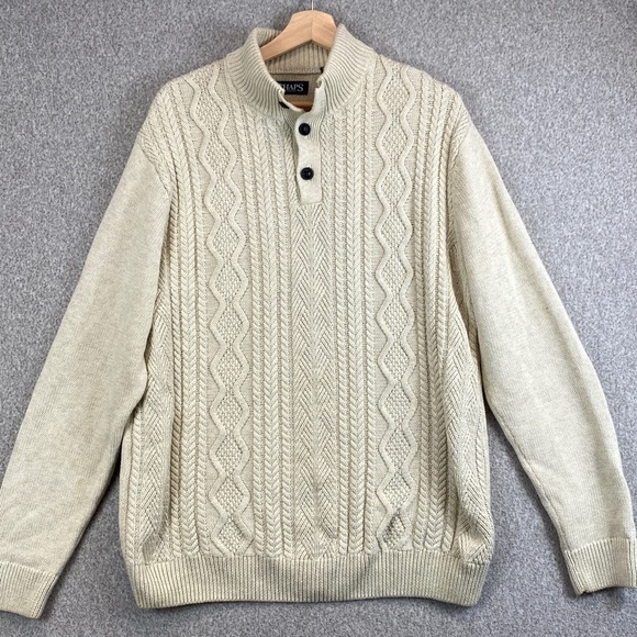 Chaps quarter button cable knit sweater L creamy oatmeal cotton prep fisherman - Picture 1 of 10